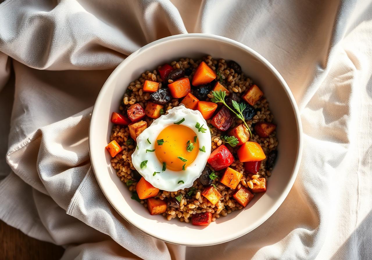 Warm Farro Bowl with Roasted Vegetables & Poached Egg